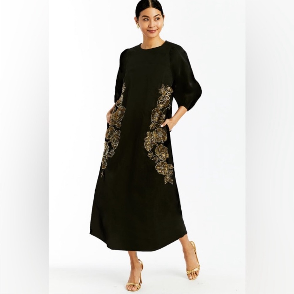 Mestiza New York Elegant Black Dress with Gold Floral Accents NWT Size XS